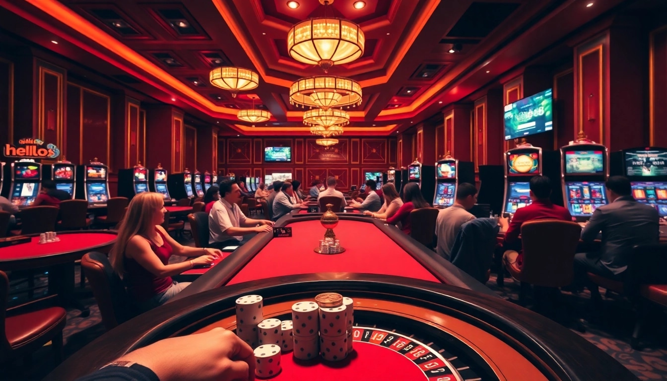 Exciting gambling scene at hello88 casino with poker chips and roulette wheel.