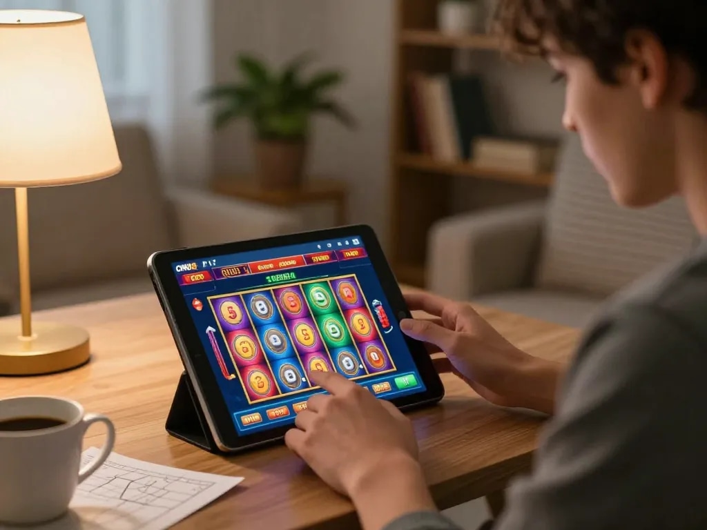 Engaged player exploring cm88 online casino slots on a tablet in a cozy home setting.