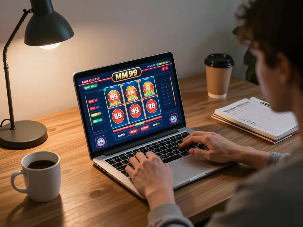 Playing MM 99 casino games online on a laptop with vibrant graphics and cozy desk setup.