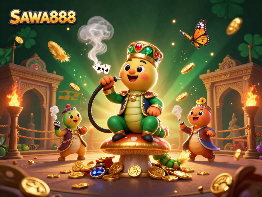 Experience the excitement of SAWA888 with vibrant characters and dynamic gaming elements in a rich casino environment.