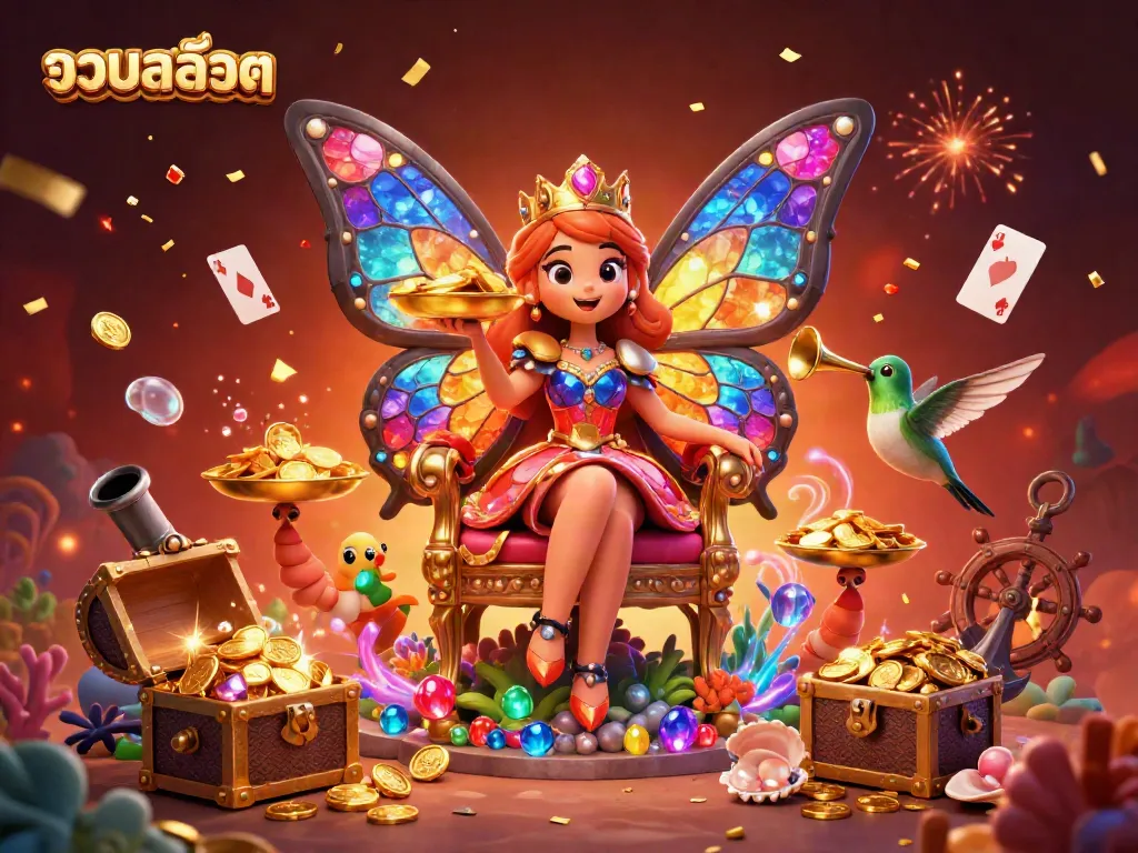 Experience the thrill of รวมสล็อต with vibrant casino elements, showcasing a colorful butterfly queen and dynamic game symbols.