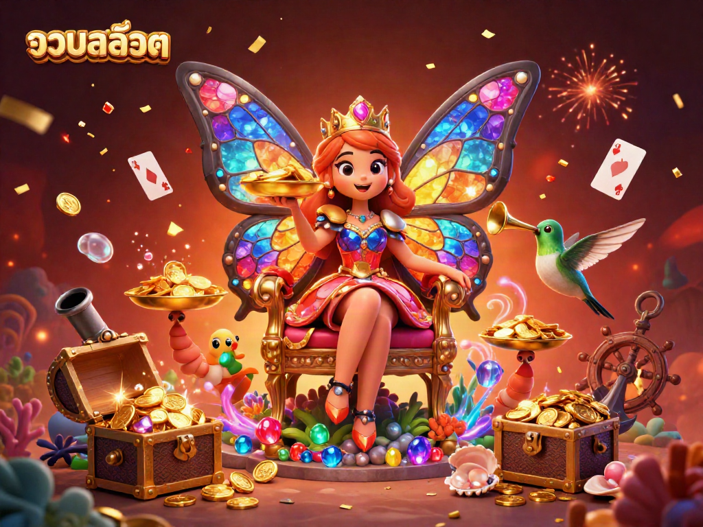 Experience the thrill of รวมสล็อต with vibrant casino elements, showcasing a colorful butterfly queen and dynamic game symbols.