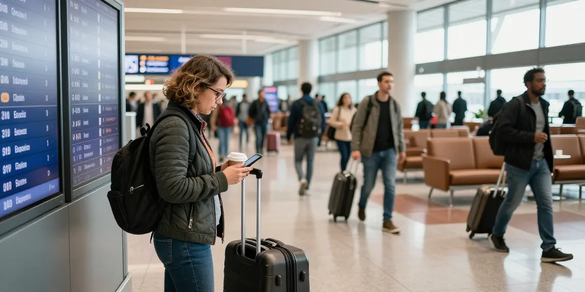 Traveler checking AA 88 flight status in a busy airport terminal with diverse crowds.