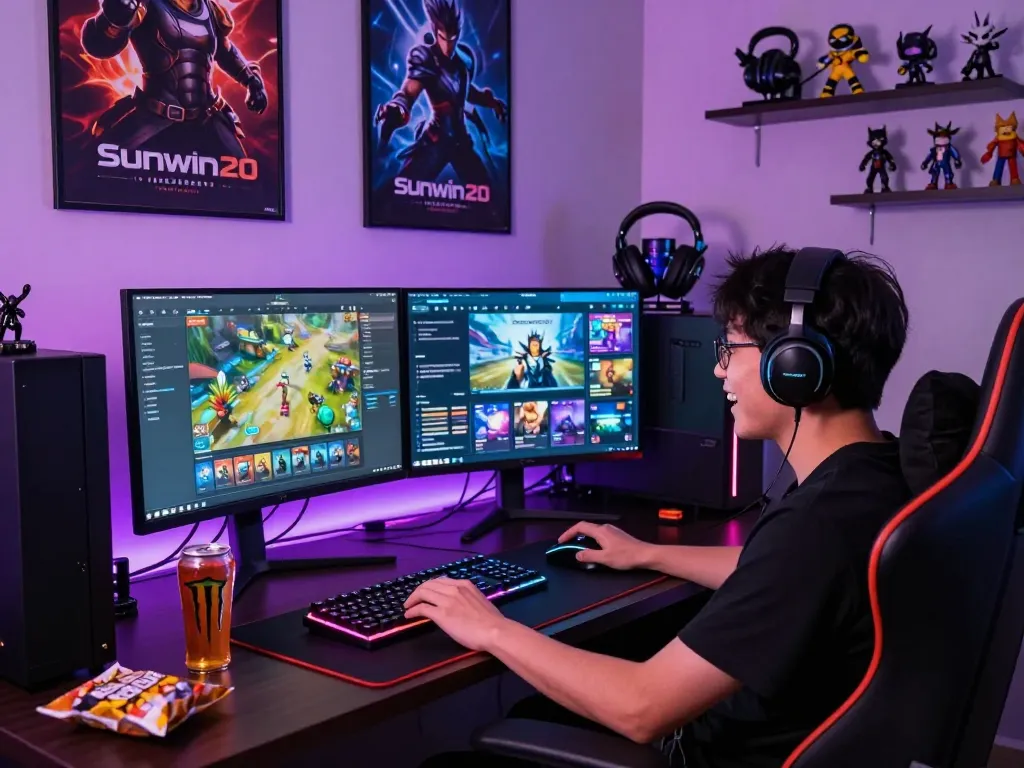 Dynamic gaming setup showcasing Sunwin20 excitement with vibrant LED lights, high-end gaming gear, and immersive atmosphere.