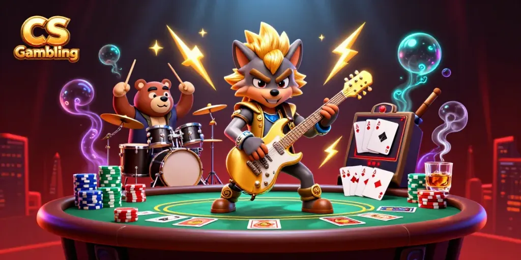Dynamic CS Gambling illustration featuring a rock star wolf playing guitar with vibrant casino elements.