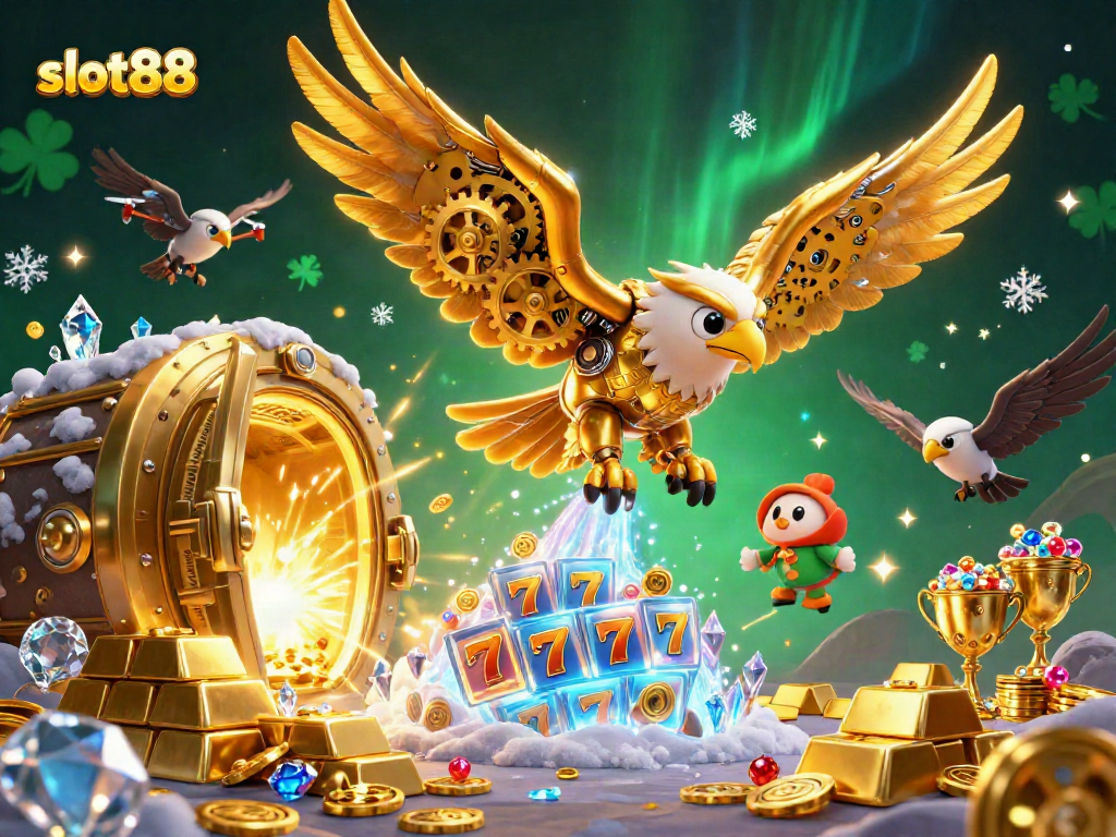 Experience slot88 excitement with a diving cybernetic eagle amidst shimmering slot elements.