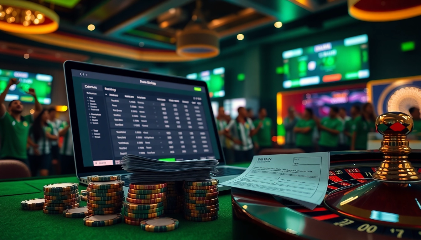 Exciting taruhan bola scene with betting slips, soccer details, and casino ambiance.