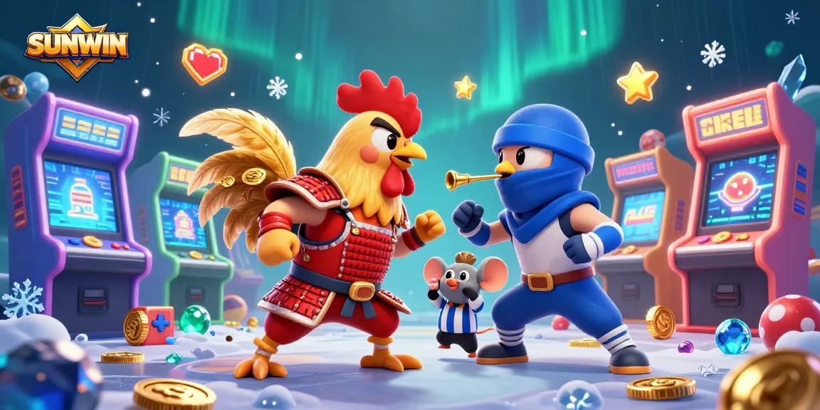 SUNWIN showcases a dynamic battle between fighting roosters surrounded by vibrant arcade elements and casino symbols.