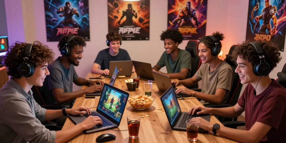 Friends enjoying a gaming night, focused on Raja Game login screens on their devices, lively and inviting atmosphere.