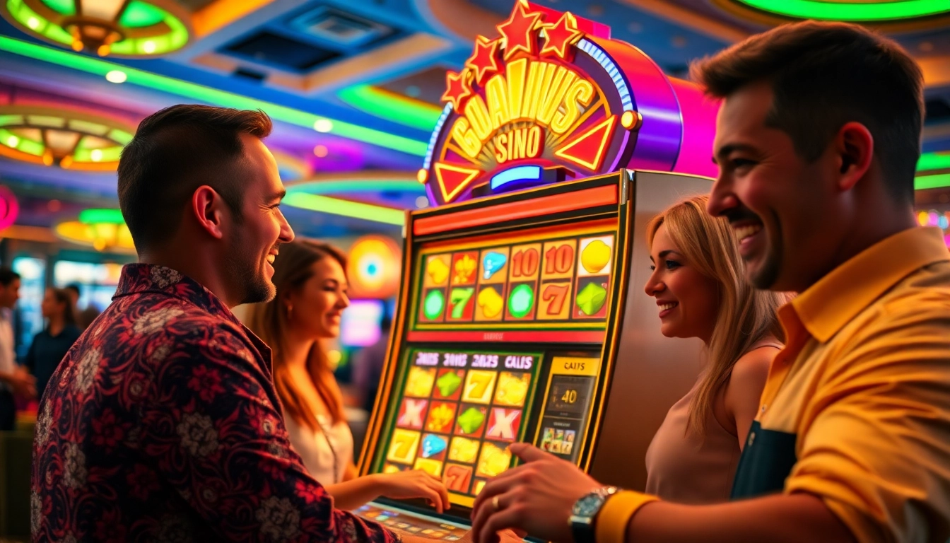 Engaged players enjoying the best online slots at a vibrant casino with digital slot machines.