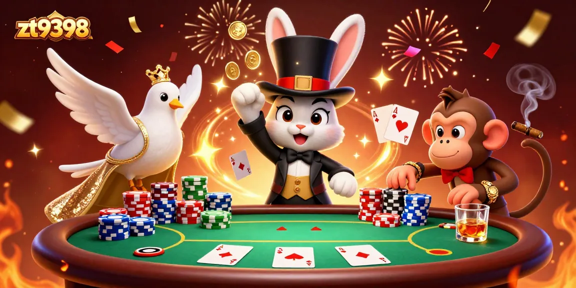Experience thrilling gaming action at zt9398 with a magician rabbit, poker chips, and golden coins.