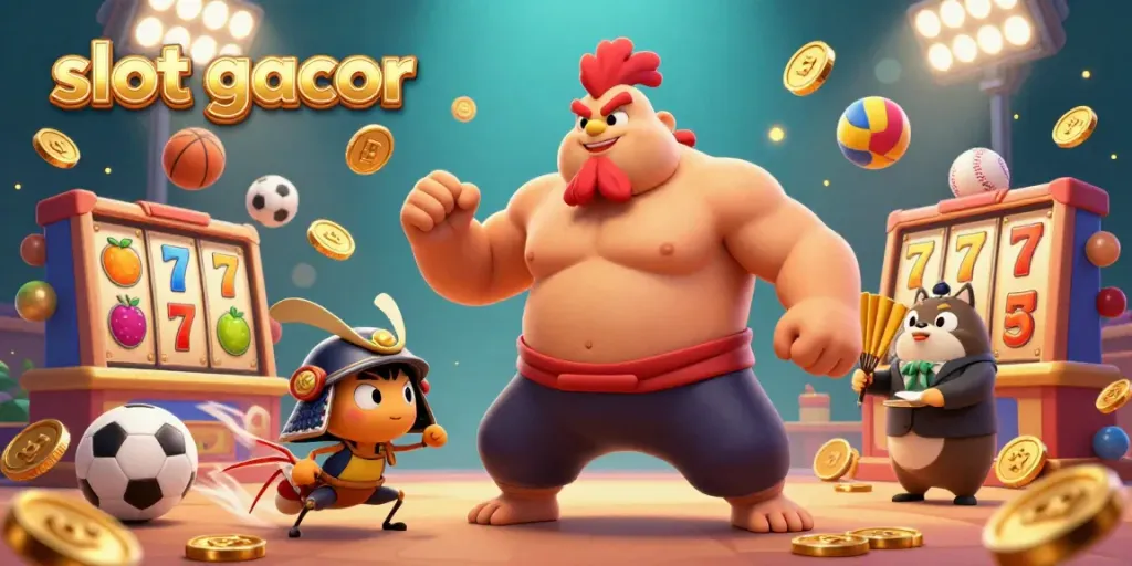 Ilustrasi slot gacor dengan karakter ayam sumo besar, jangkrik samurai, dan tanuki menyampaikan informasi dalam suasana kasino yang dinamis.