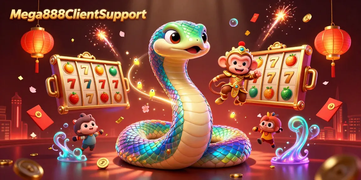 Engage in dynamic Mega888ClientSupport scene, featuring a playful monkey king and rainbow serpent amidst luminous casino elements.