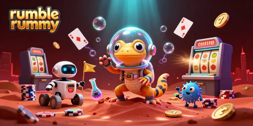 Experience the thrill of rumble rummy in a golden casino setting with dynamic gaming elements and vibrant characters.