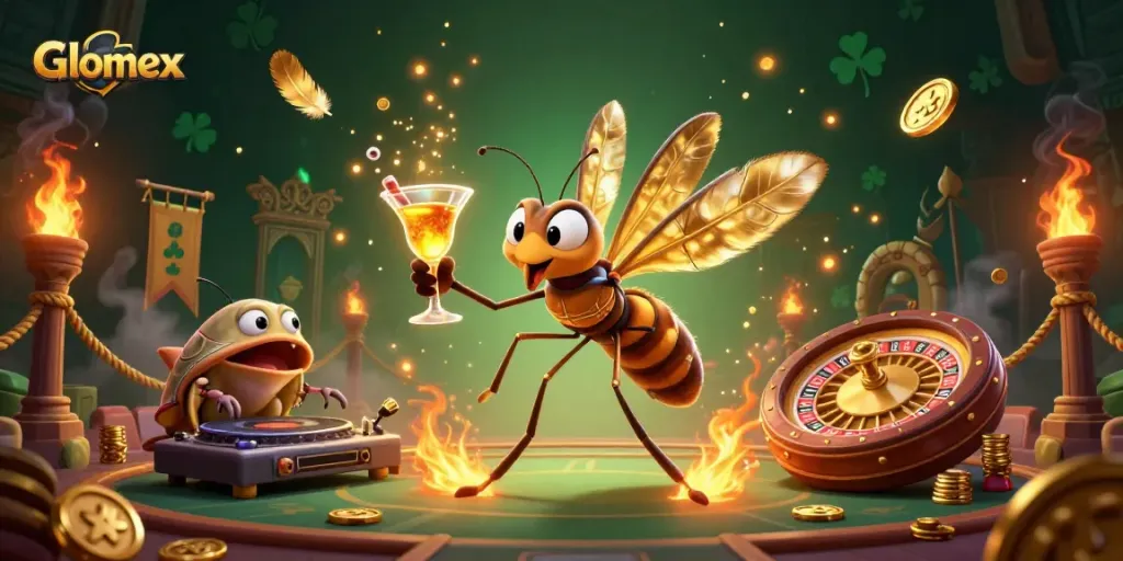 Engage with the excitement of Glomex gambling through a vibrant casino scene with rich characters and golden elements.