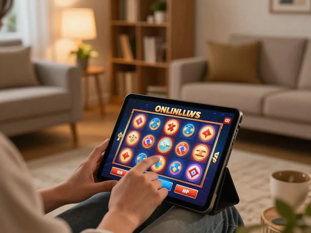 JUARA88 online slots player enjoying a cozy home setup with engaging gameplay experience.