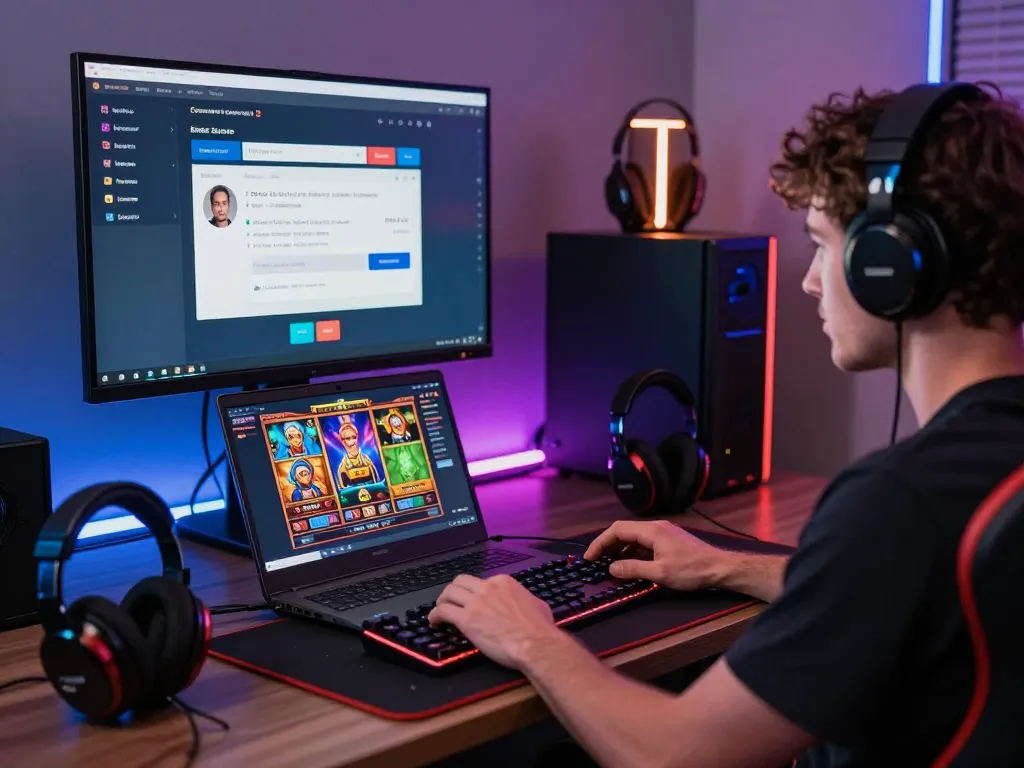 Player using KDSLOTS platform in a modern gaming room, showcasing engaging online slot experience with vibrant visuals.