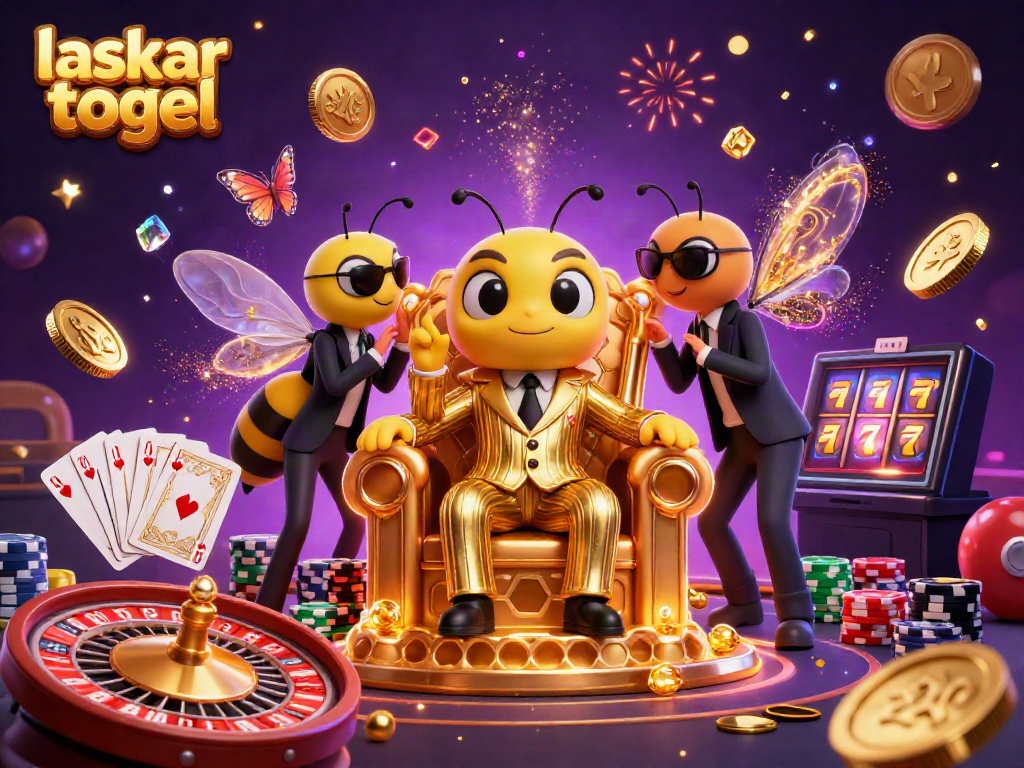 Laskar togel showcases an energetic 3D scene with a bumblebee mob boss and vibrant gambling elements.