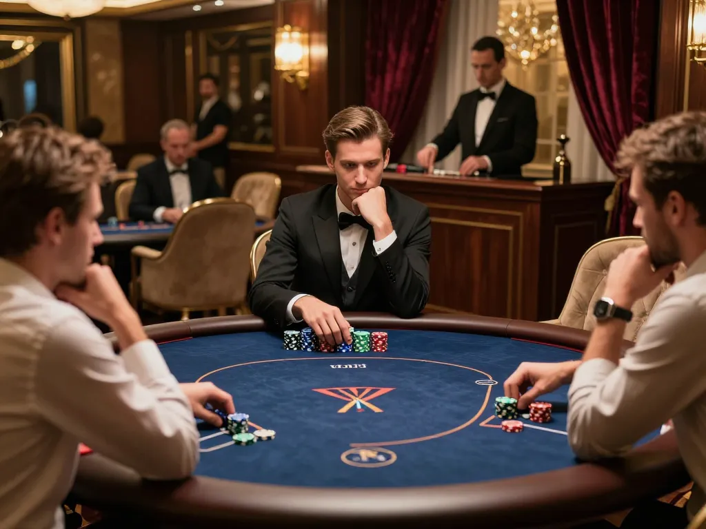 Pemain yang merumuskan strategi dalam permainan poker mewah di https://jikankasi.com/modules/bulletin/ dengan chip dan kartu dalam fokus.