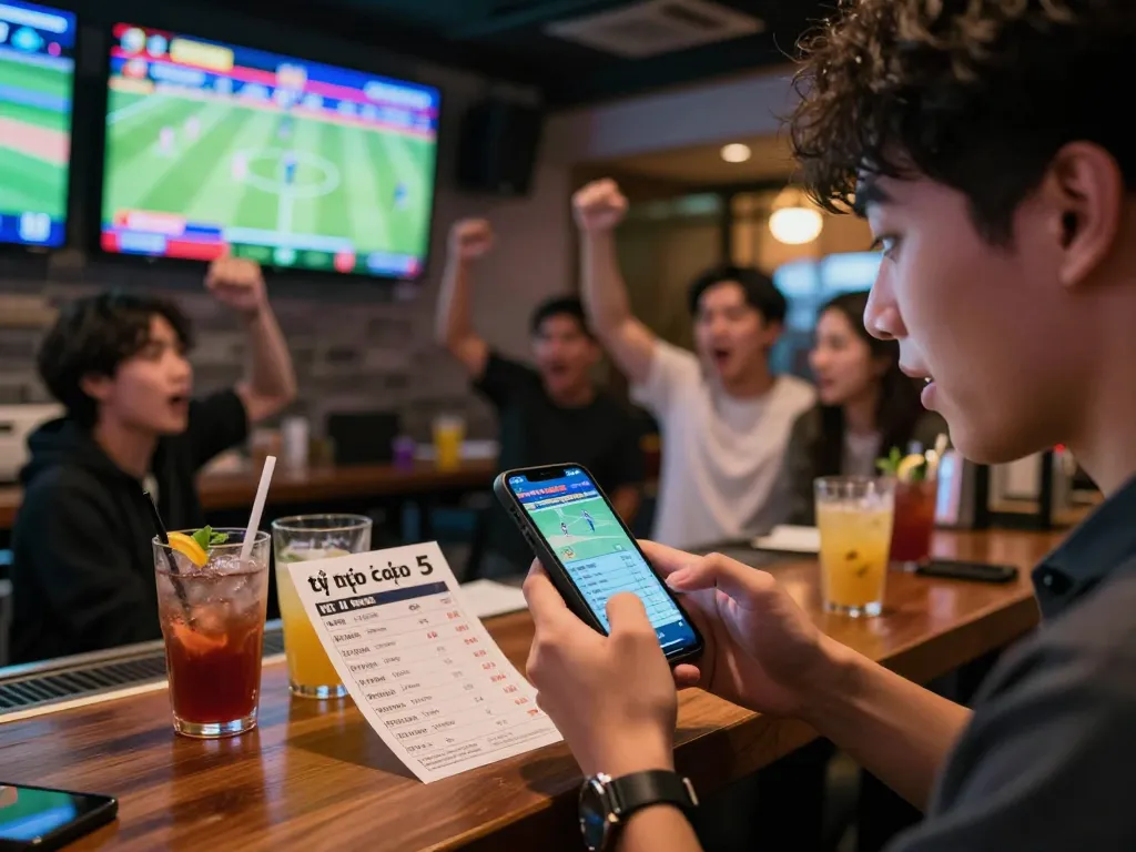 Betting on tỷ lệ kèo nhà cái 5 in a lively sports bar, showcasing live matches on multiple screens.