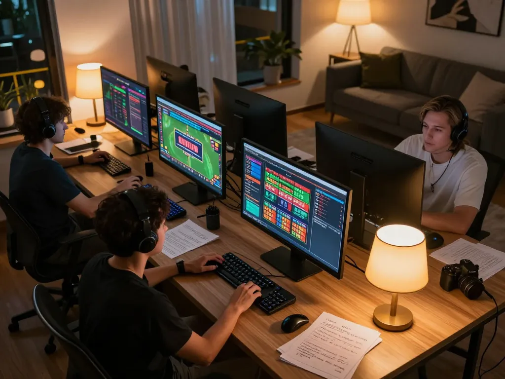 ho88 player placing bets on multiple screens in a cozy home gaming setup
