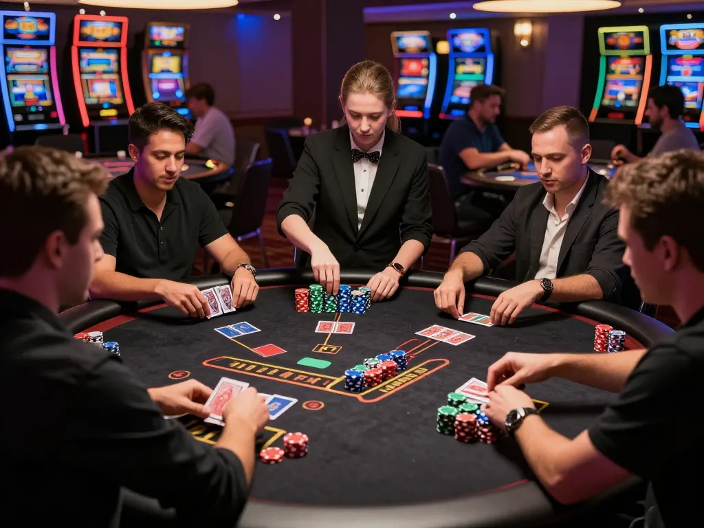 Pemain terlibat dalam permainan blackjack yang mendebarkan di meja kasino deragon88, dengan suasana yang hidup dan chip berwarna-warni.