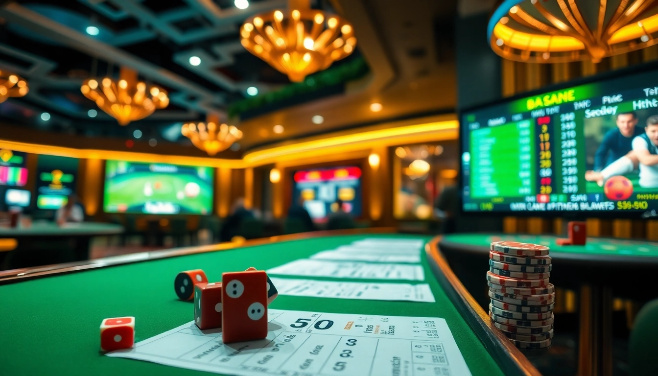 Exciting Taruhan Bola betting scene with sleek casino elements and live match displays.