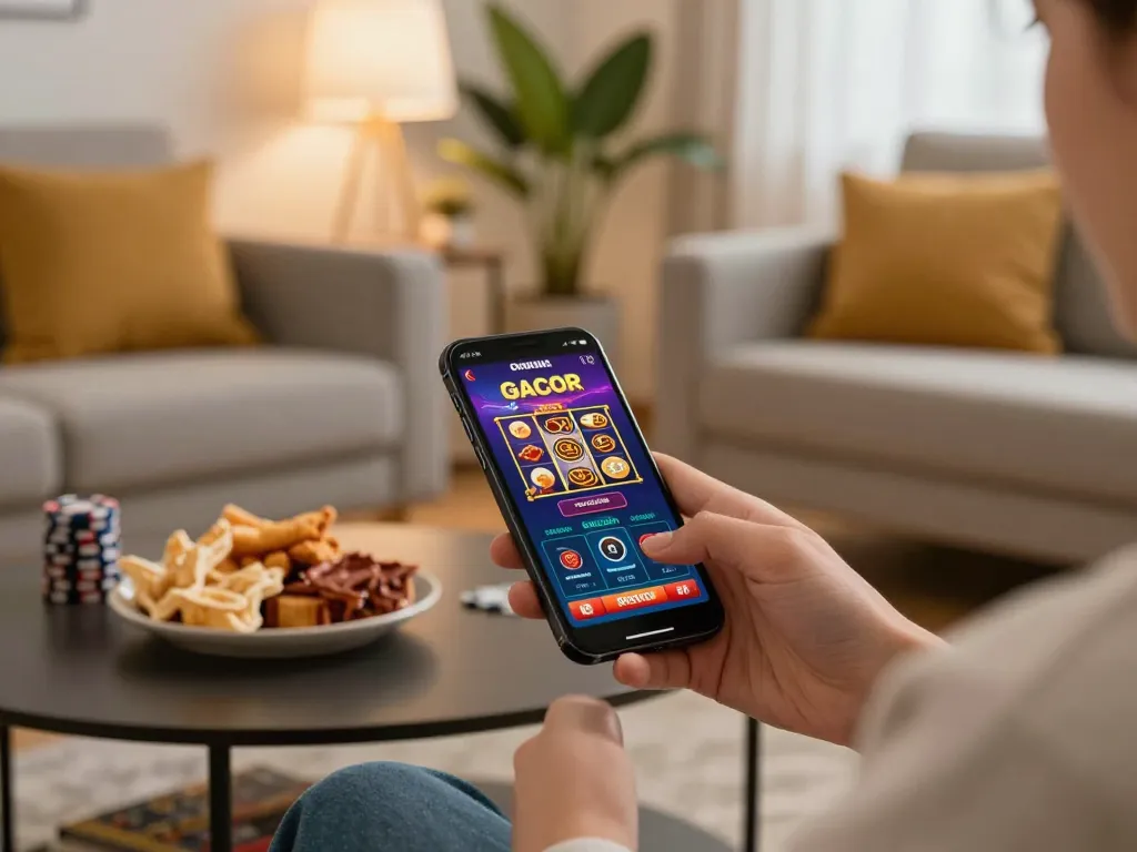 Playing slot gacor on a smartphone in a cozy home setting, showcasing an engaging online casino experience.