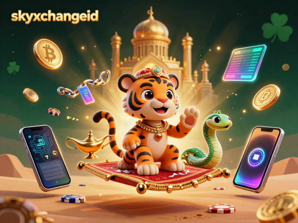 Bet on exciting adventures with skyxchangeid featuring a tiger sultan on a poker chip carpet amidst gold treasures.