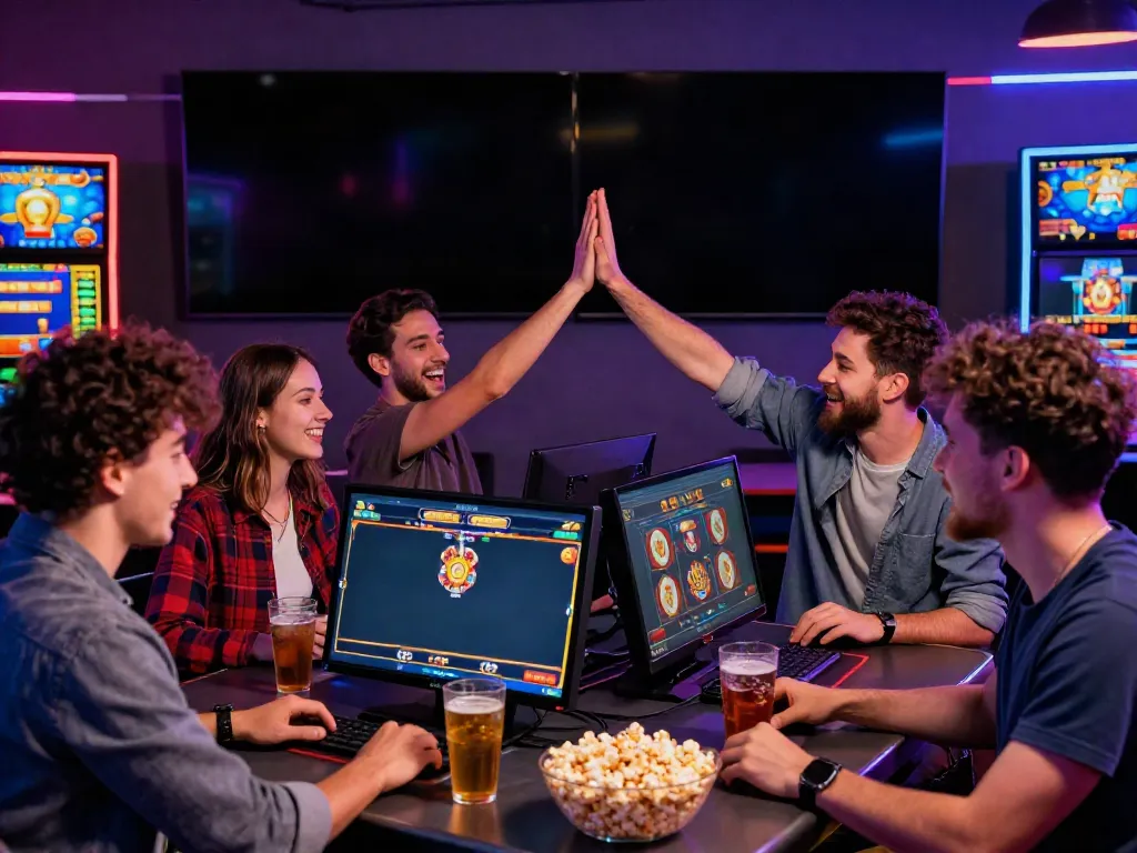 Engaging online gambling scene with friends celebrating wins at gaming table showcasing akunjp slot games.