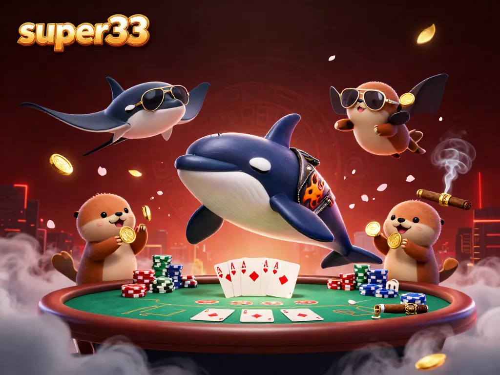 Experience excitement with super33 at a vibrant casino scene featuring playful characters and dynamic game elements.