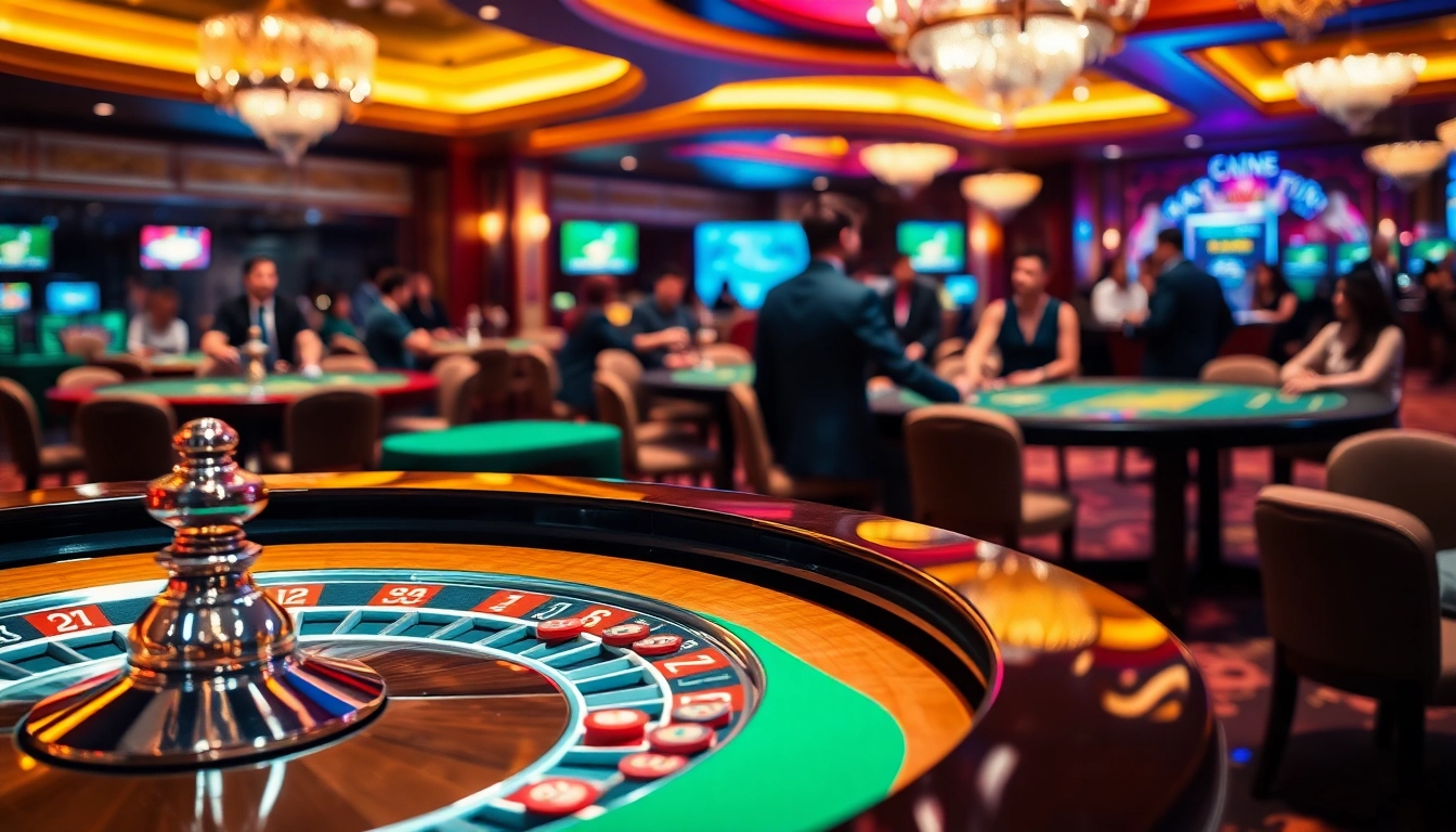 Engaging players at an online casino table showcasing vibrant chips and excitement in the atmosphere.