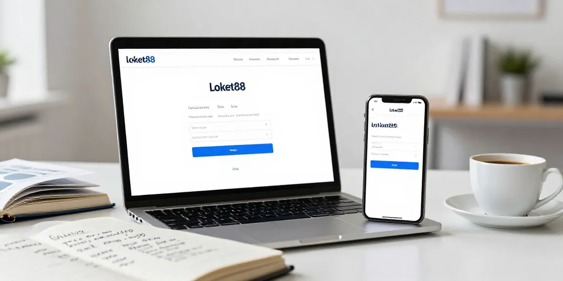 loket88 login interface on a laptop with notes and coffee in a modern office setting
