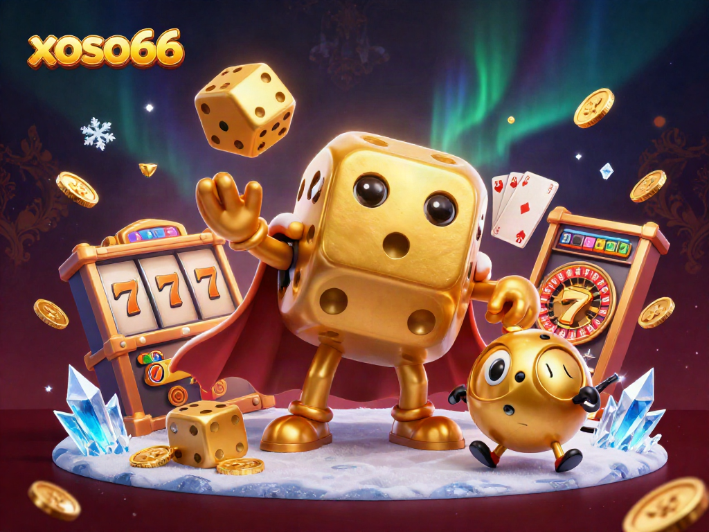Engage with xoso66 through an energetic illustration featuring a whimsical golden dice golem and vibrant slot machine elements.