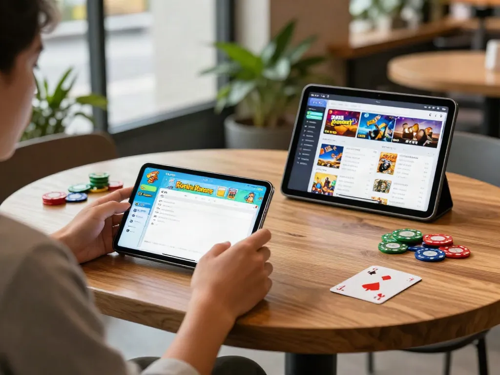 Player enjoying the Rumble Rummy app on a smartphone in a modern cafe.