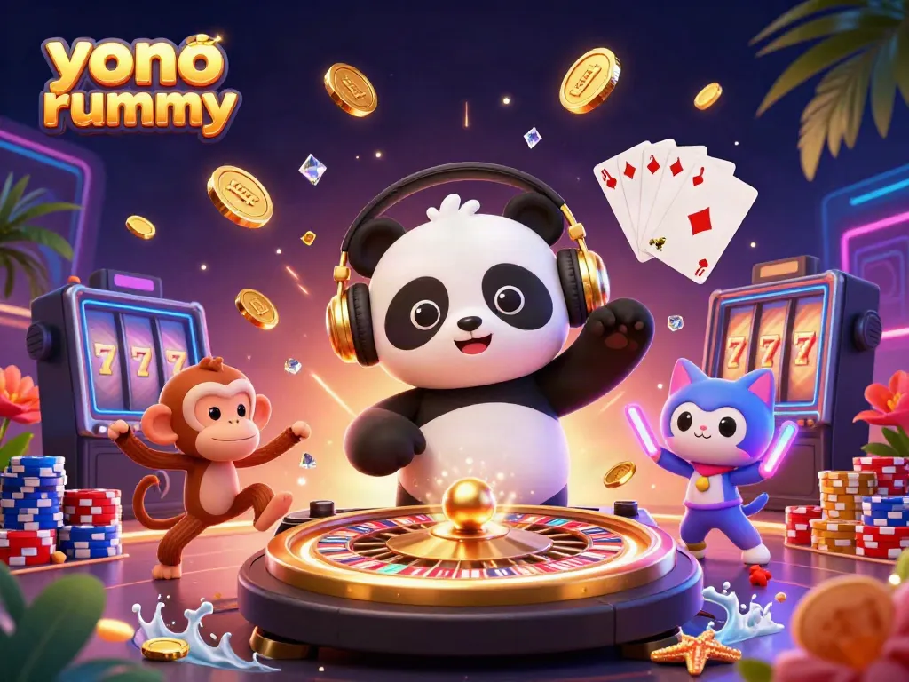 Permainan yono rummy dikemas dengan karakter kartun DJ panda, monyet, dan kucing dalam suasana festival.