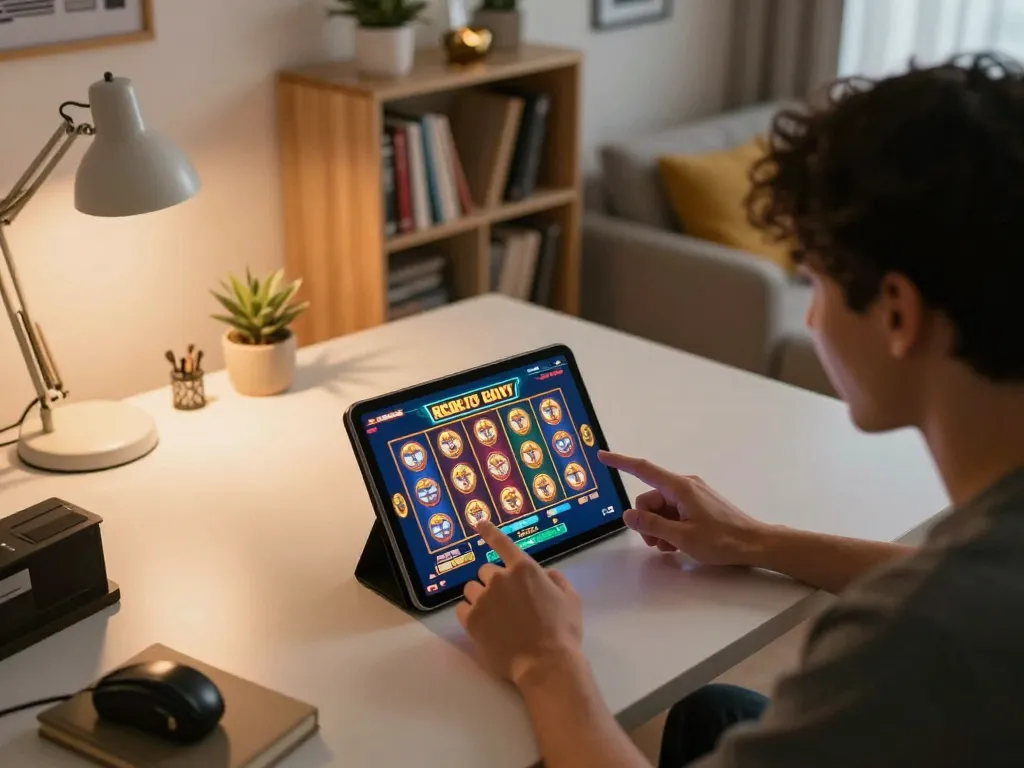 Engaged player enjoying kdslot game on tablet at home desk with warm lighting ambiance.