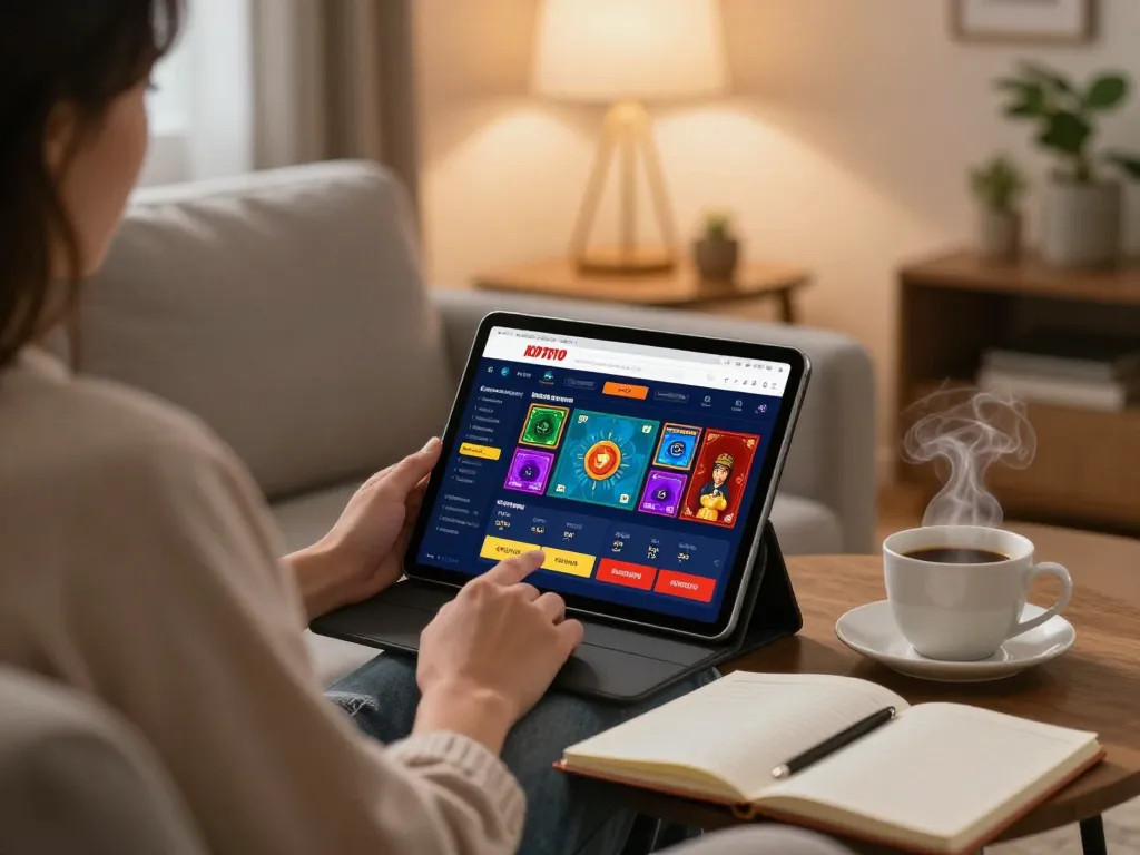 KDTOTO player enjoying online gambling on a tablet in a cozy living room setting.