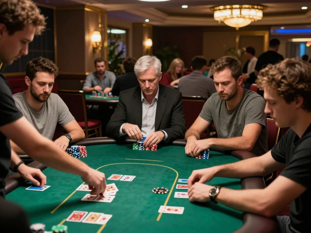 Players enjoying a thrilling HM88 poker game in a vibrant casino atmosphere, showcasing competitive spirit and strategy.