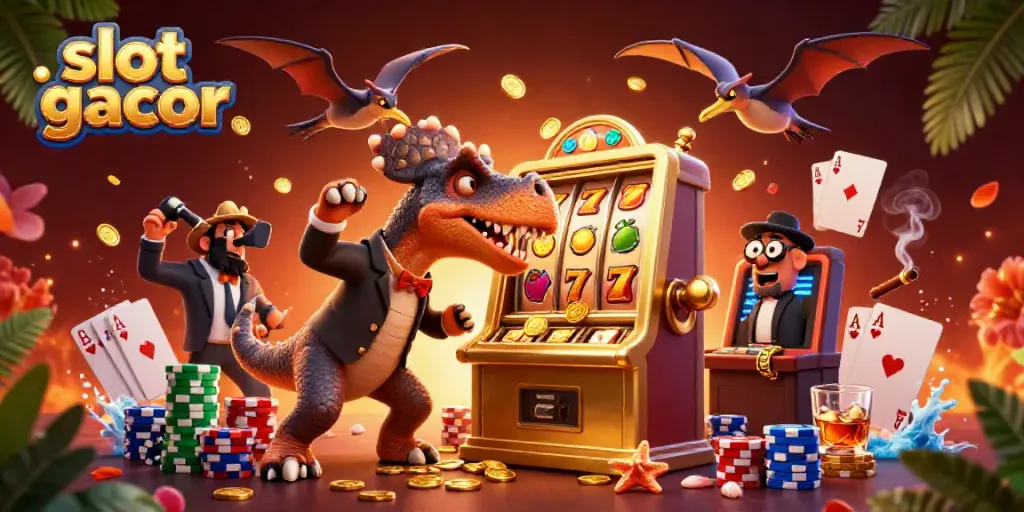 Experience slot gacor magic with a dinosaur and casino characters celebrating jackpots in an energetic scene.
