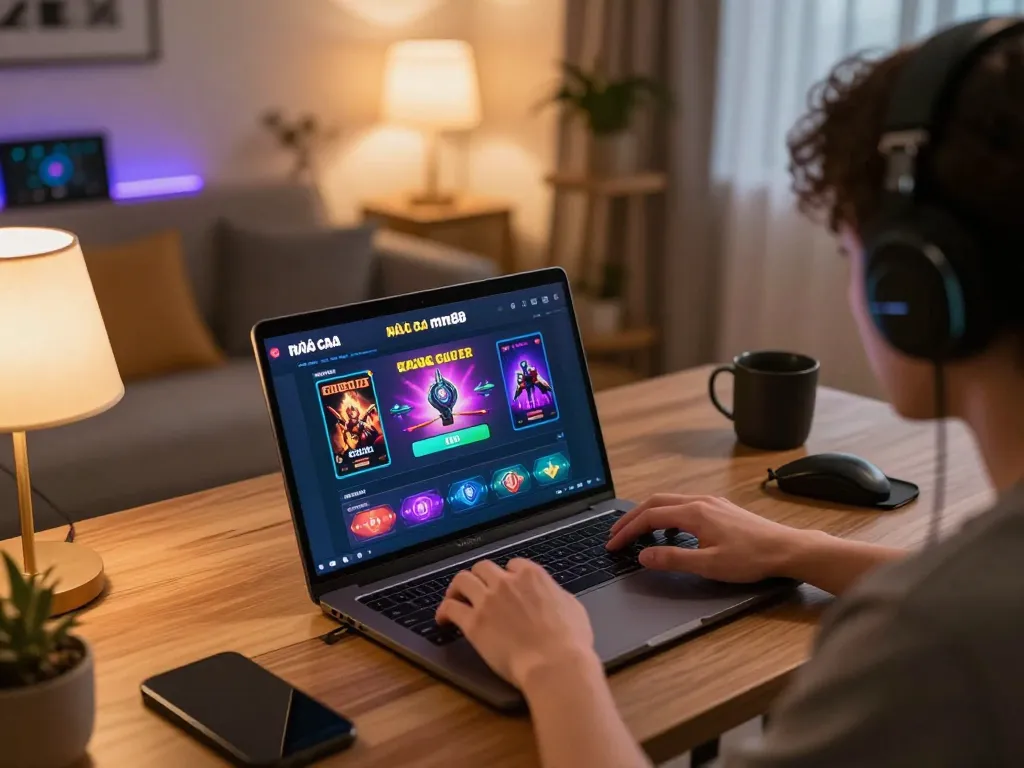 Player engaging with nhà cái mm88 online casino on a laptop, showcasing vibrant gaming interface.