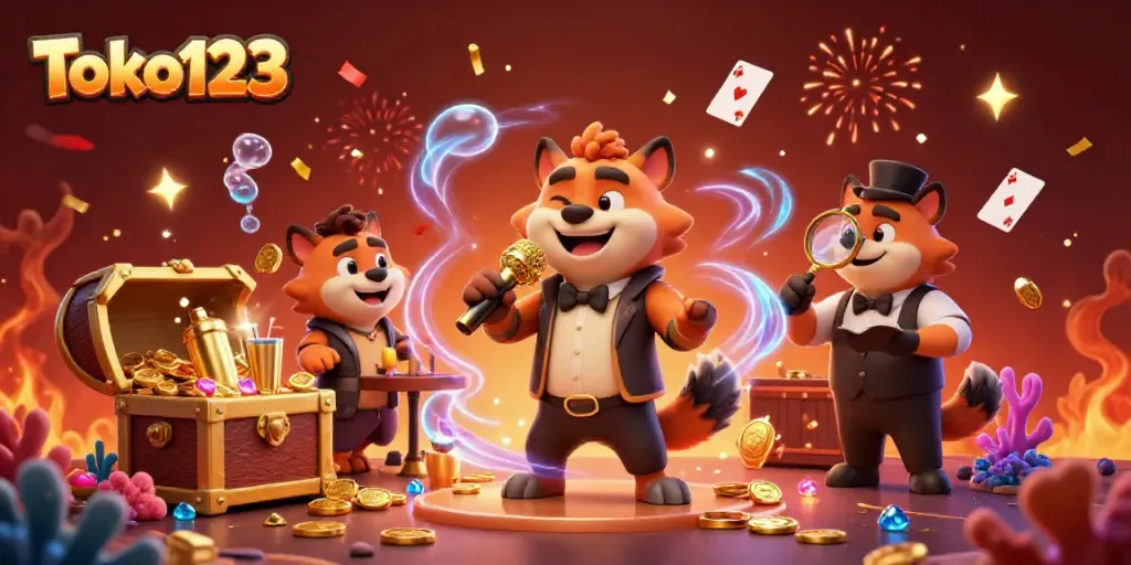 Hyenas entertain in a vibrant casino club for Toko123, showcasing games and a comedy atmosphere.