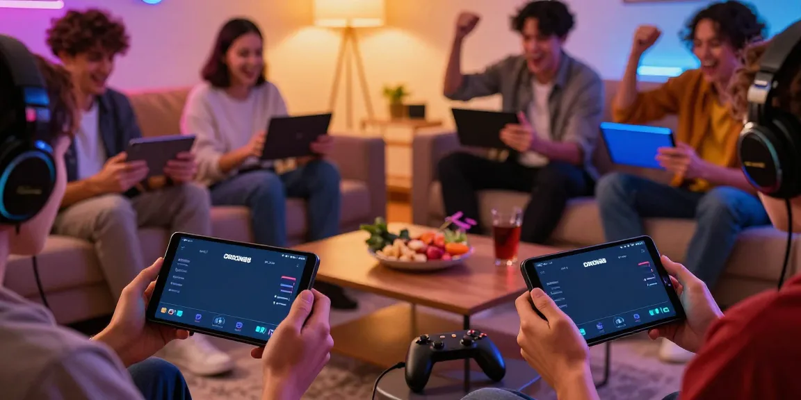 Engaged gamers using ORION88 app on Android in a lively living room.