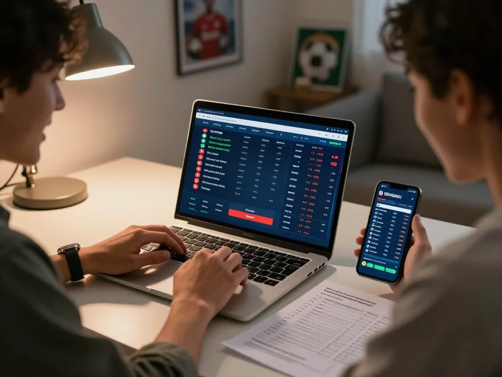 Kèo nhà cái hôm nay viewed as a player reviews live sports betting odds at a cozy home office.