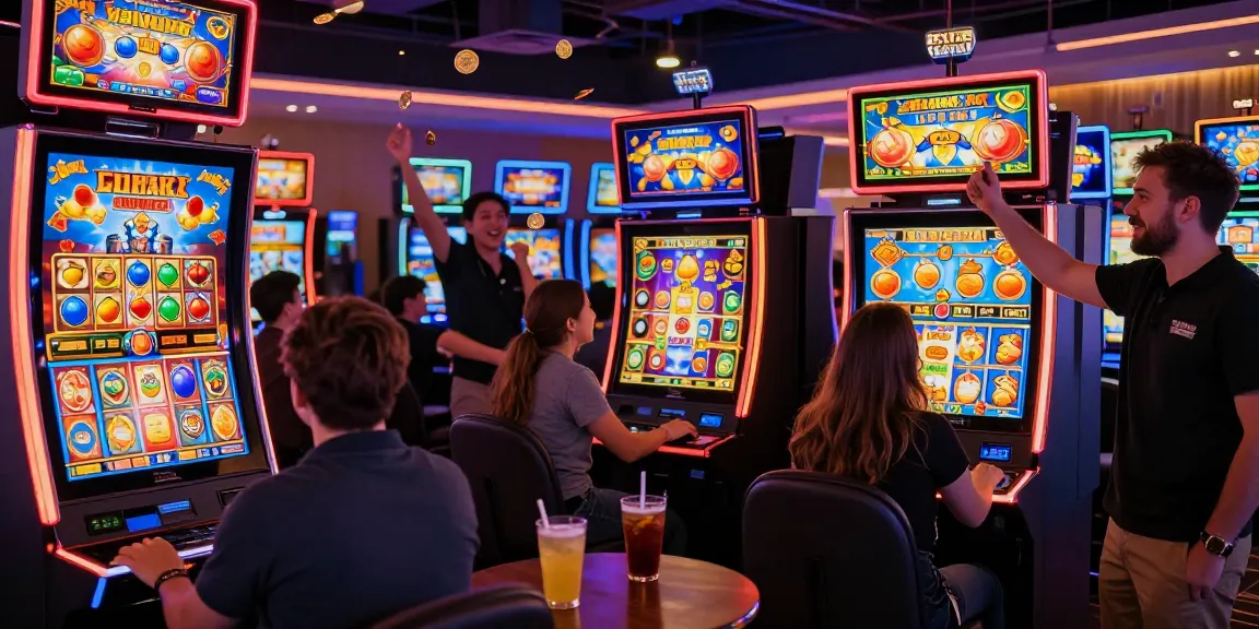 Excited players engaging with colorful slot machines in a vibrant casino atmosphere.