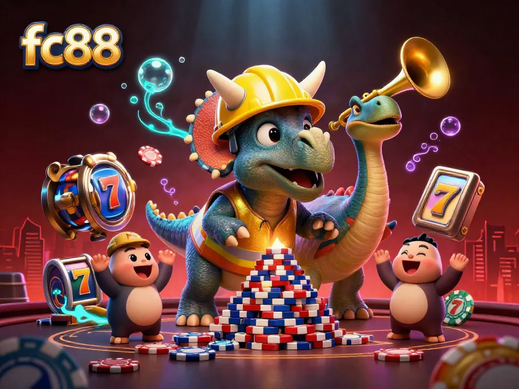 Join the thrill of fc88 as the triceratops builds a poker chip pyramid amidst a colorful casino celebration.