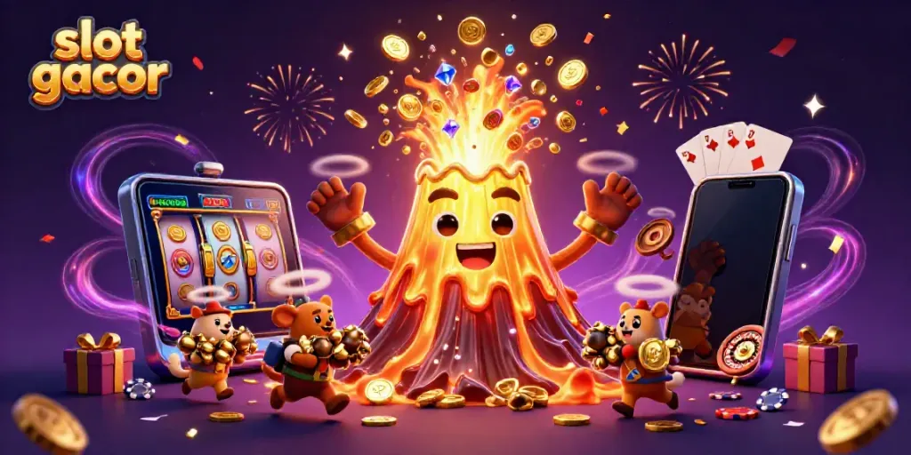 Experience thrilling wins at slot gacor with a vibrant, magical volcano scene filled with treasures.