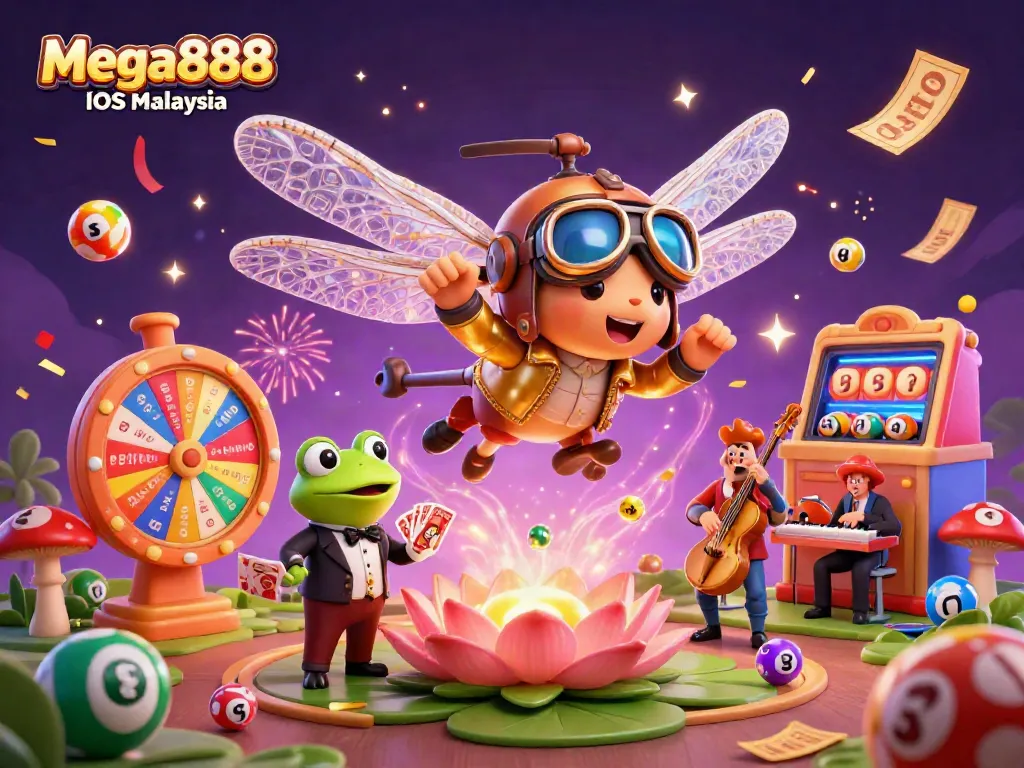 Experience exciting gameplay with Mega888 iOS Malaysia as a dragonfly pilot hovers above a vibrant casino scene filled with action.