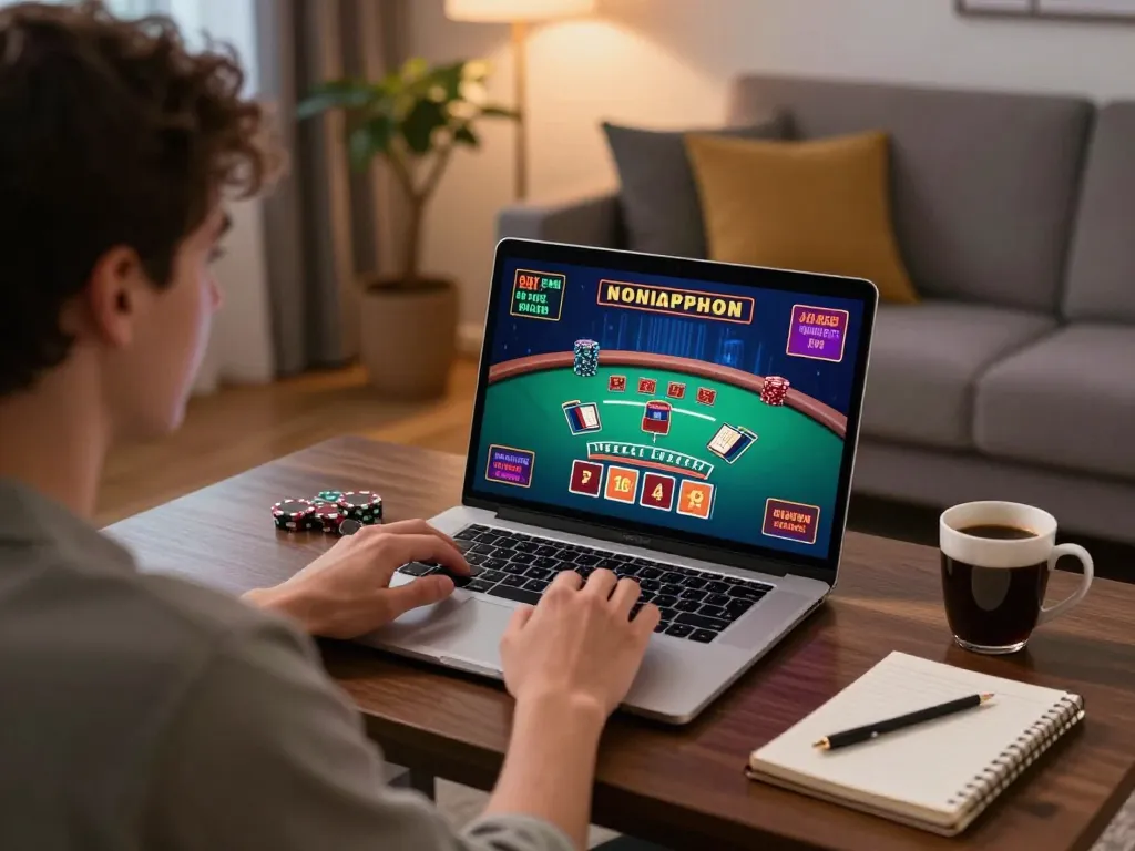 Engaging in online blackjack at LV88, showcasing strategic gameplay in a cozy home setup.