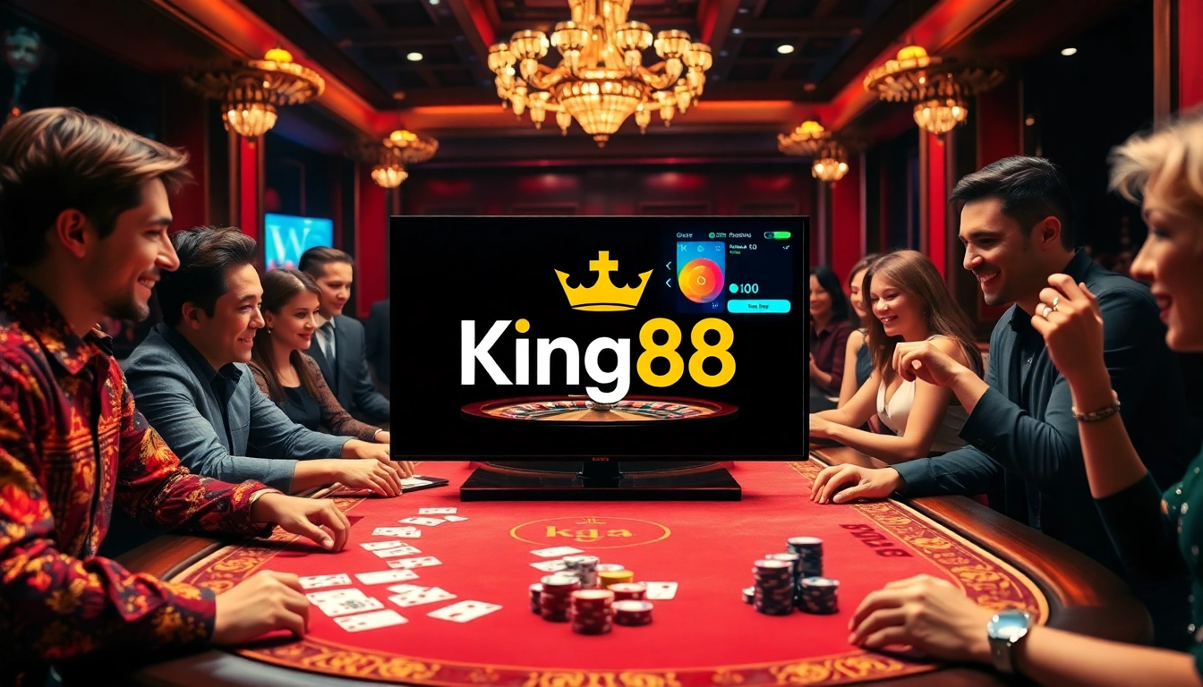 Players enjoying a thrilling poker game at King88 casino with vibrant atmosphere and exciting gameplay.